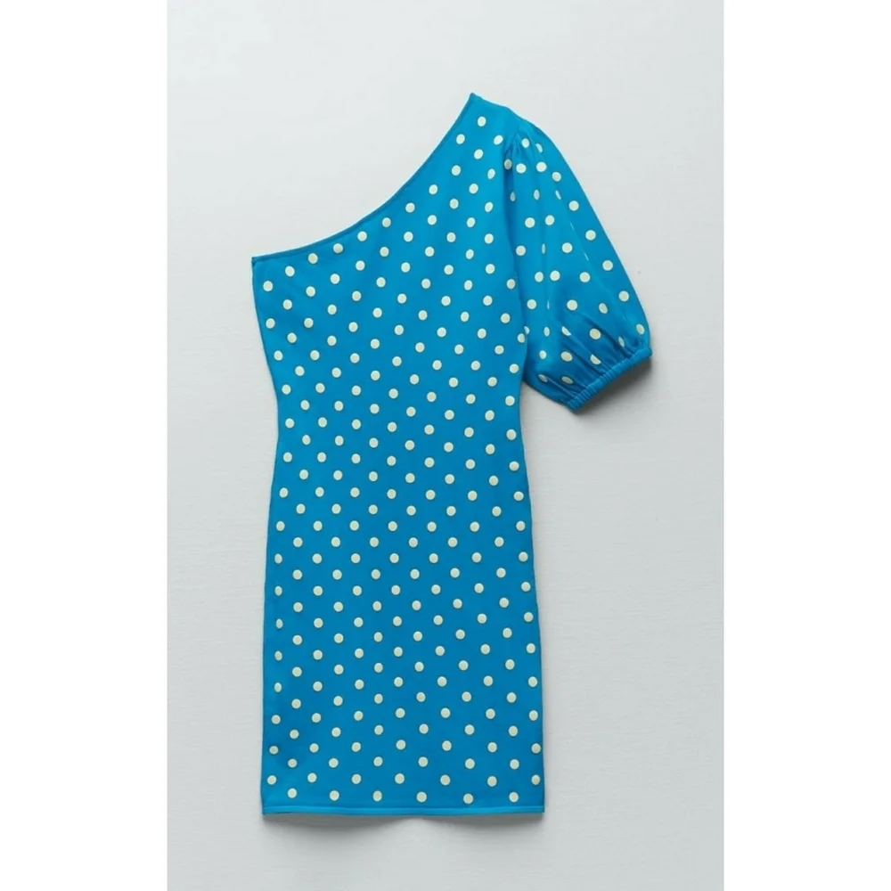 ZARA // turquoise polka dot one puff shoulder soft & stretchy knit mini dress - Picture 6 of 16
